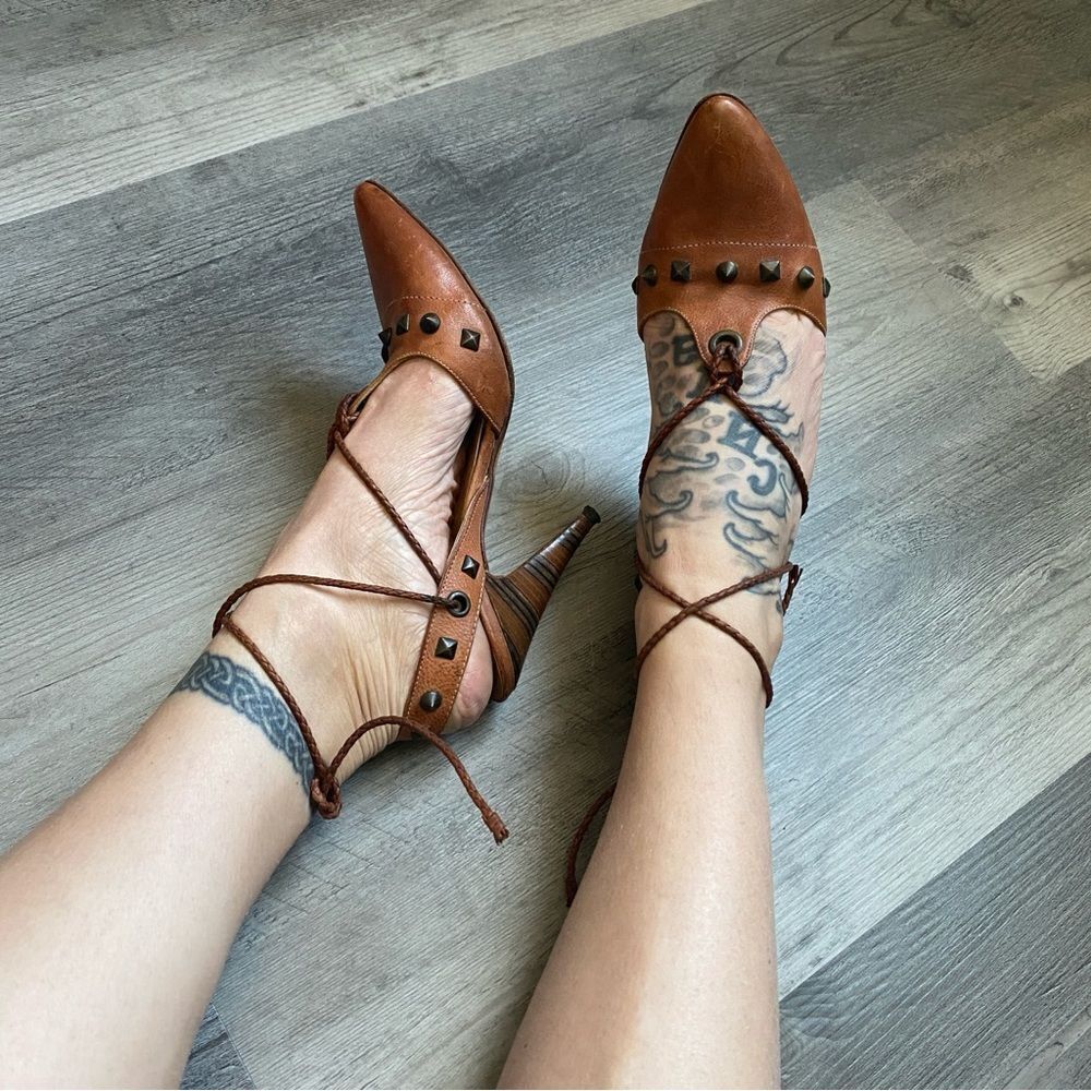 Georgina Goodman Heels Brown Leather Ankle Lace Up Studded Designer